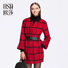 撞色格纹弹力腰封毛呢外套SD506004 OSA欧莎冬季女装