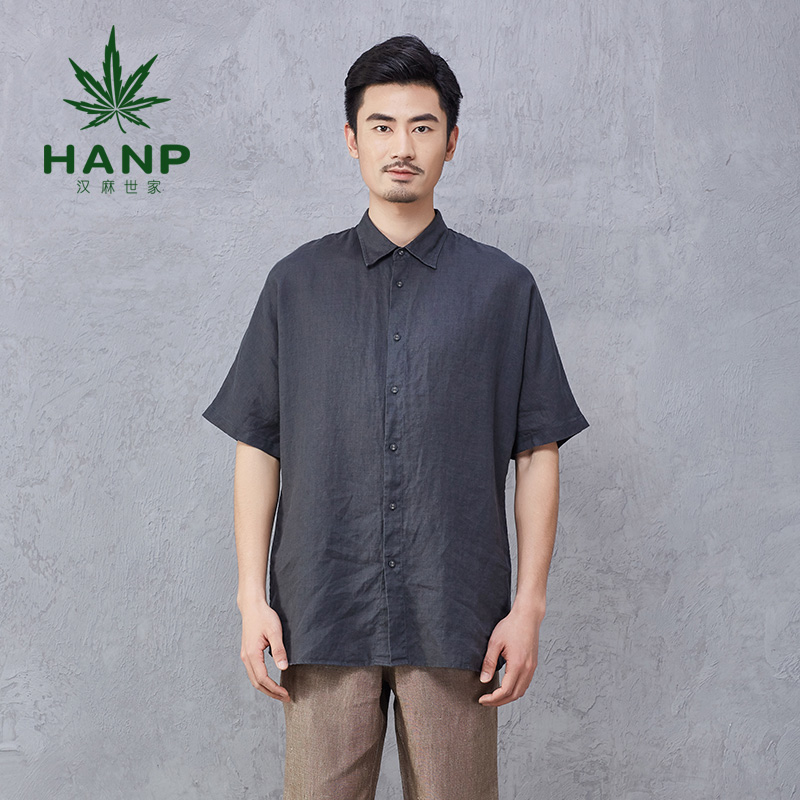 hanp/汉麻世家商务休闲麻布衬衫 男士方领宽松衬衣雅戈尔短袖衬衫