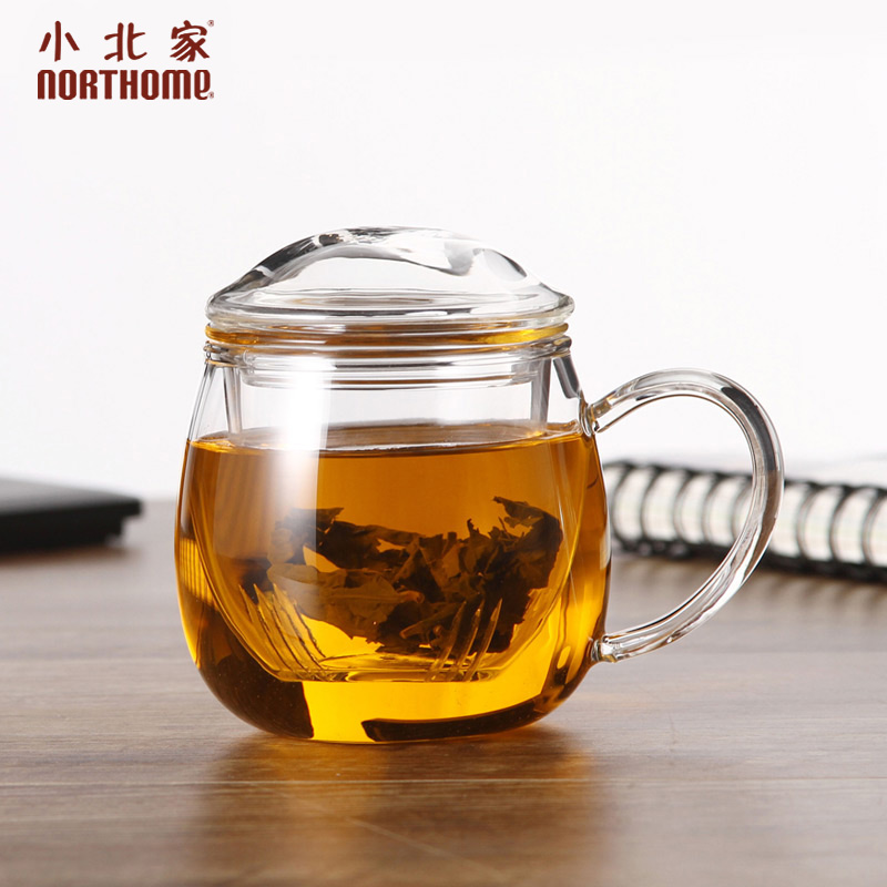 小北家【加厚】胖胖杯耐热玻璃茶杯透明泡茶玻璃杯带盖过滤水杯子
