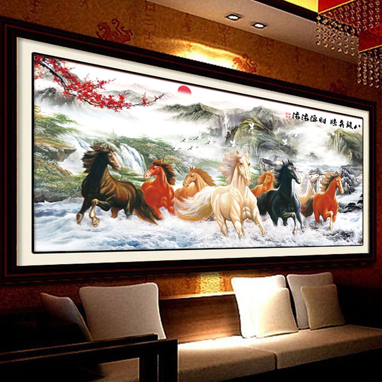 八马骏图十字绣八骏图 马到成功八马图新款客厅山水八匹骏马大画