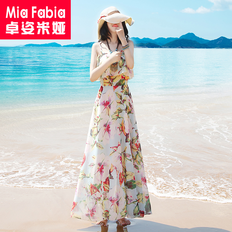 碎花吊带连衣裙沙滩裙海边度假女夏2017新款显瘦雪纺波西米亚长裙
