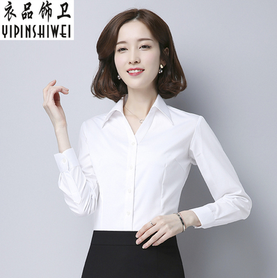 职业OL长袖衬衫商务修身工装正装V领白色衬衫工作服衬衣女秋冬