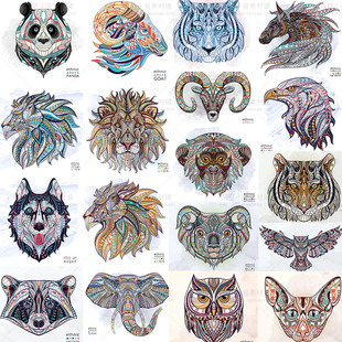 复古民族风花纹狼狮子熊猫猴动物头像图案eps矢量设计素材19pd23