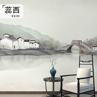 蕊西江南水乡复古黑白墙纸中式手绘水墨山水画客厅电视背景墙壁纸