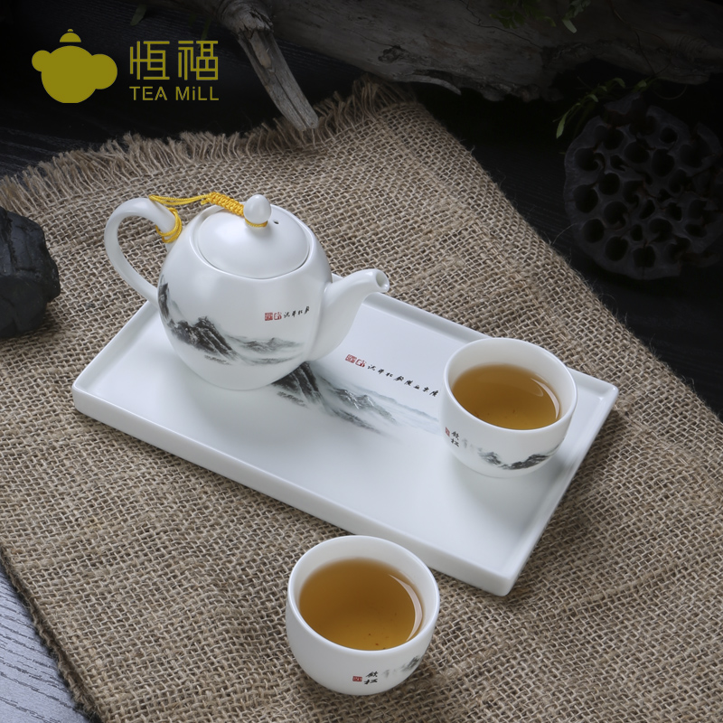 恒福正品功夫茶具 景德镇定窑白瓷茶具整套套装 江雾初开托盘组