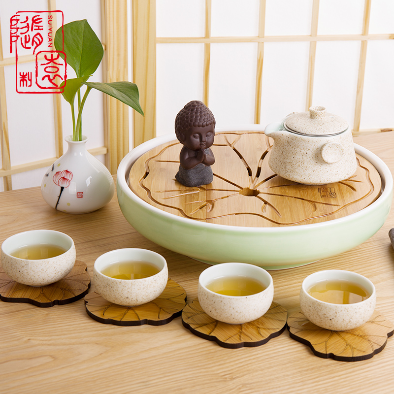 随园简约小号圆形茶盘日式功夫陶瓷茶具竹制储水茶海迷你干泡茶托