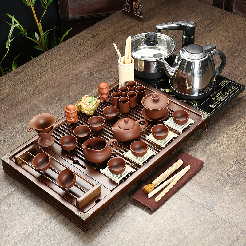 煜元窑 家用茶具套装紫砂整套功夫茶具特价四合一电磁炉实木茶盘