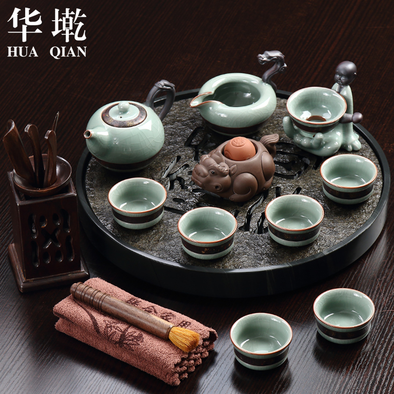 华墘茶具套装整套哥窑紫砂功夫茶具储水式乌金石头茶盘黑金石茶台