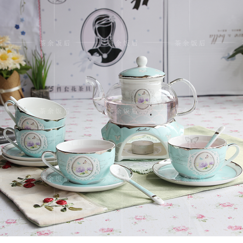 韩式陶瓷玻璃低骨瓷花果茶红茶泡花茶壶茶杯水果花茶茶具加热套装