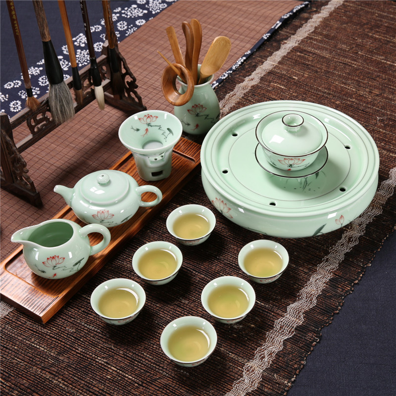 邱公子家用青瓷手绘潮汕功夫茶具茶杯茶壶套装组合陶瓷储水小茶盘
