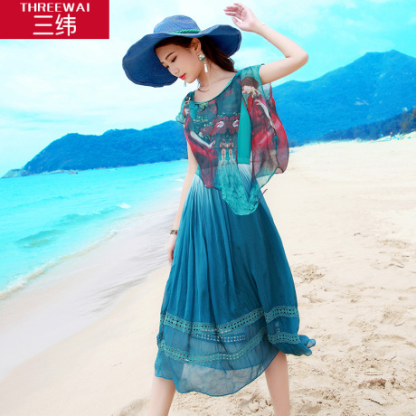 三纬2017夏装新款女桑蚕丝印花短袖真丝连衣裙蕾丝拼接假两件长裙商品大图