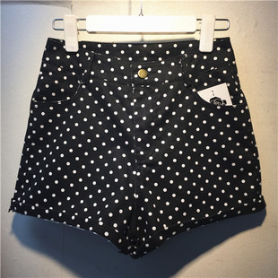 韩国东大门<em>复古波点高腰</em>牛仔<em>短裤</em>宽松显瘦圆点