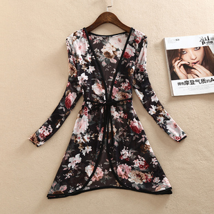 2015大码披肩雪纺网纱<em>开衫女外搭长袖</em>中长款