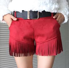 欧洲站 最新时尚修身<em>鹿皮</em>绒面料流苏装饰<em>短裤</em>