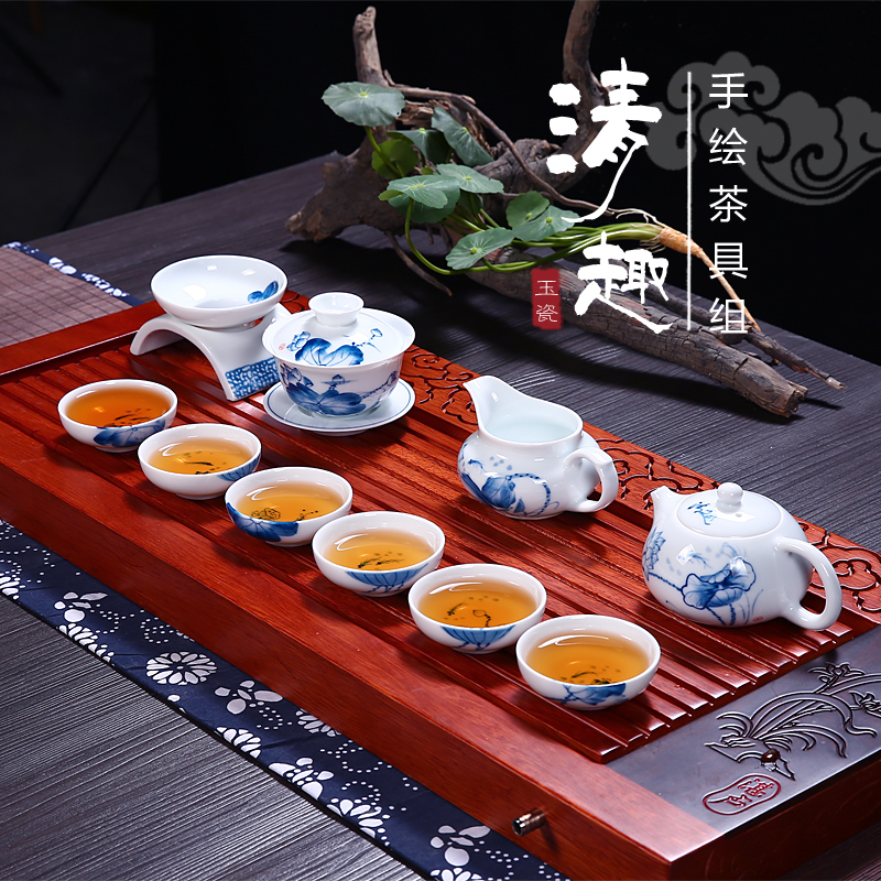 景德镇纯手绘荷花功夫茶具整套高白瓷薄胎套装彩绘青花瓷盖碗茶杯