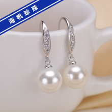 白色正圆强光 包邮 s925银 天然深海南洋母贝珠珍珠耳环