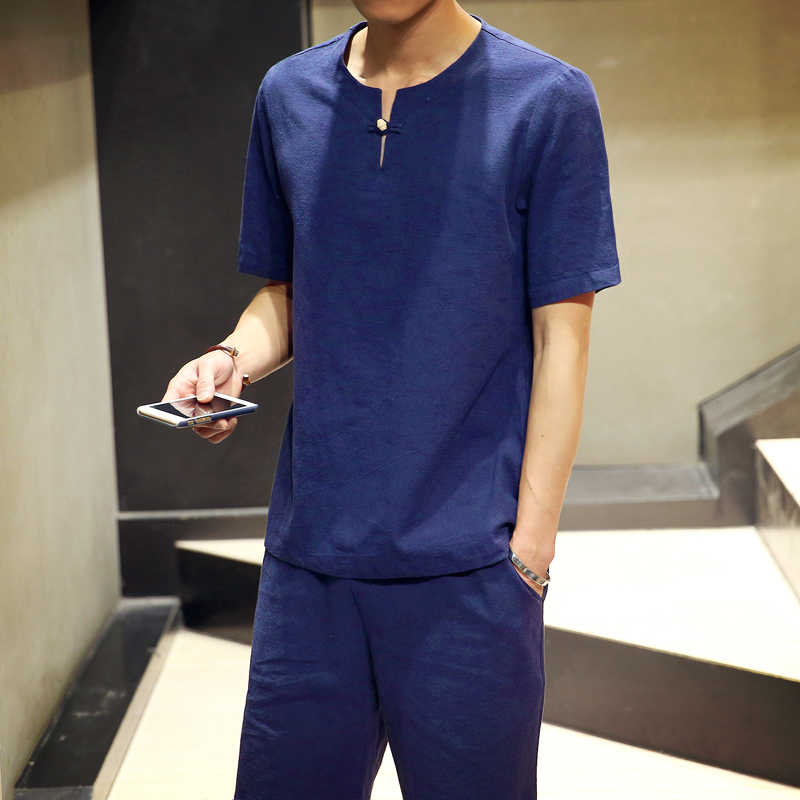 夏季棉麻短袖t恤男士亚麻短袖衬衫半袖体恤衫