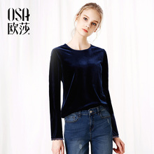 丝绒圆领T恤显瘦蕾丝边上衣C11017 女装 新款 OSA欧莎2017秋装