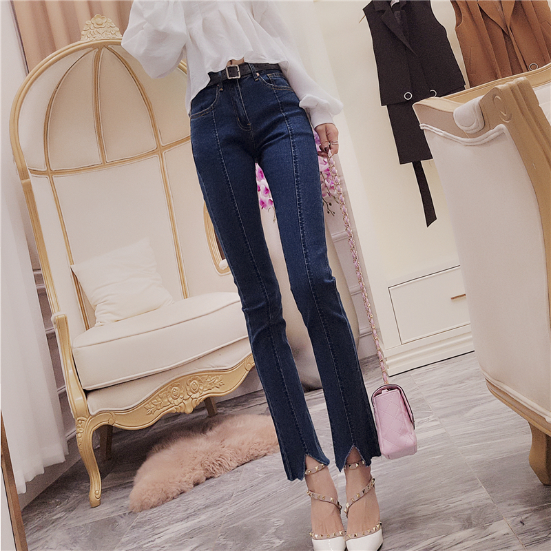 韩衣女王自留款 2017新款 超显瘦 不规则脚口修身牛仔裤女九分裤