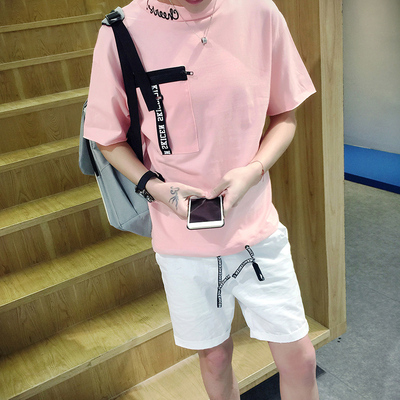 夏季潮流粉色t桖青年血韩版半袖体恤男士短袖