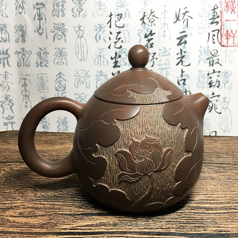 钦州坭兴陶正品原矿紫泥茶壶纯全手工葫芦浮雕壶窑变泥兴陶龙蛋壶