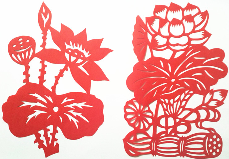 纯手工传统民间剪纸作品画 荷花类镂空装饰画 红色宣纸双面 刻画