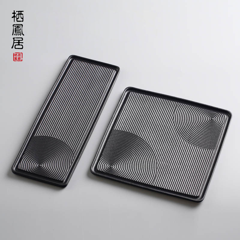 栖凤居粗陶茶盘 创意枯山水陶瓷壶承小号茶台茶托 蓄水干泡盘茶海