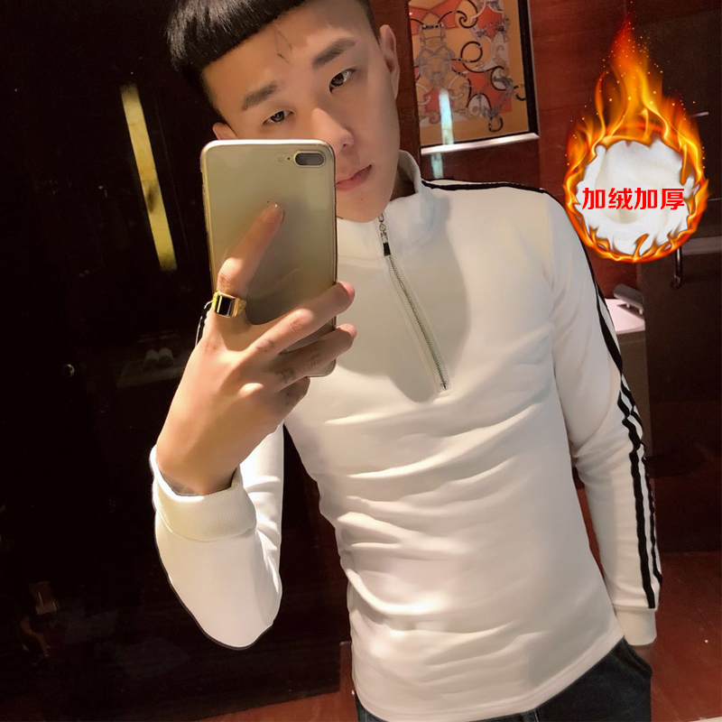 社会精神小伙薄款高领长袖男紧身快手红人同款加绒打底衫修身冬季