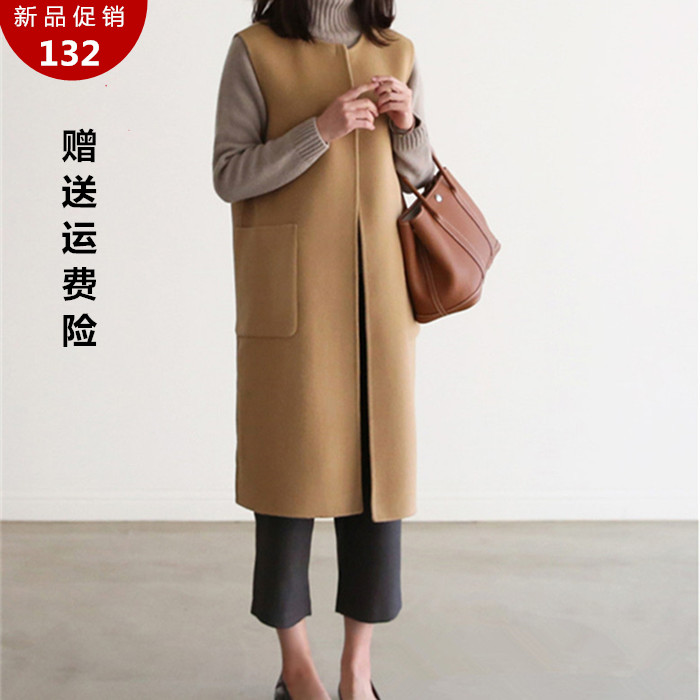 2017韩版新款春秋毛呢马甲中长款女背心无袖圆领马甲百搭呢子外套