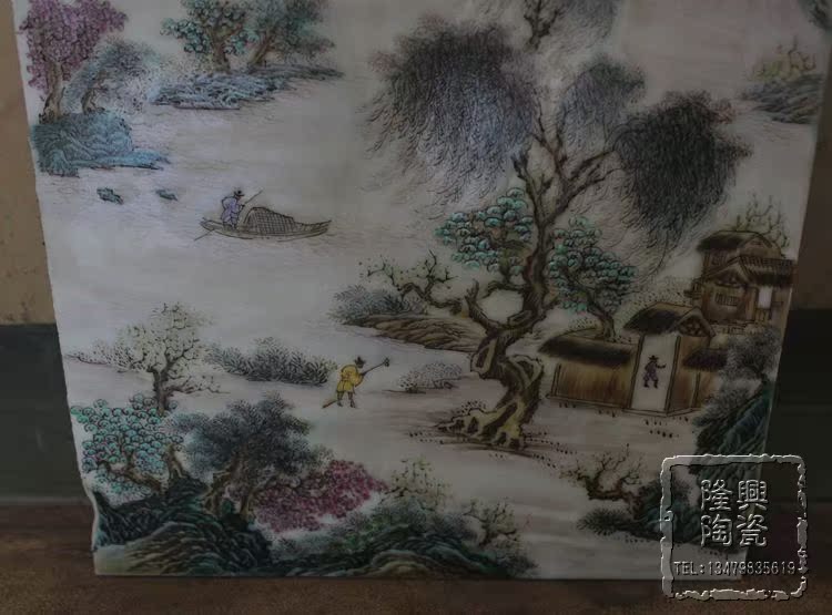 景德镇陶瓷瓷板画手绘仿古粉彩山水装饰客厅画仿珠山八友春江晓渡