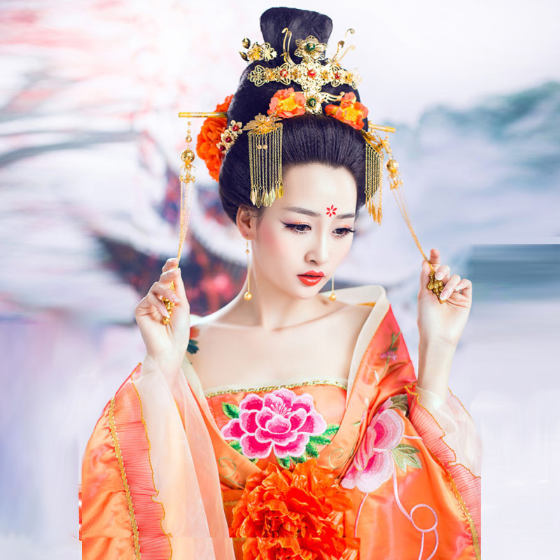 2015新款古代服古装写真主题贵妃演出舞蹈橘色撩人摄影古典服装女