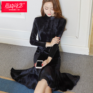 冬季连衣裙2016新款韩版修身长款金丝绒气质