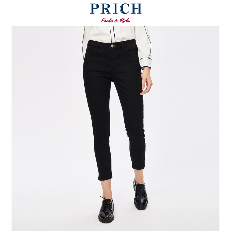 PRICH 2017秋冬新款时尚简约黑色直筒牛仔裤长裤子女 PRTJ74T03M