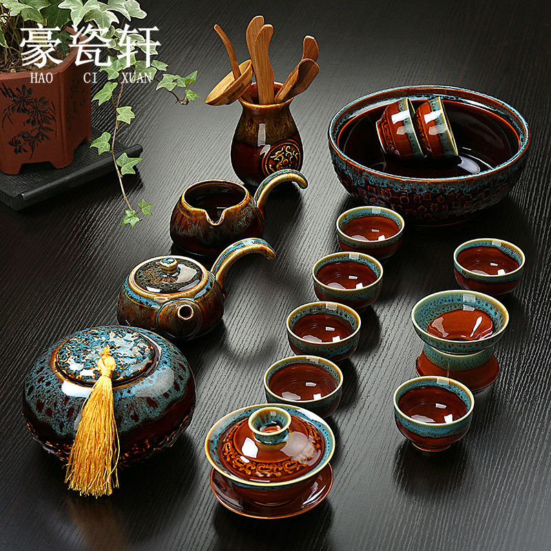 整套窑变高档建盏陶瓷茶具套装天目侧靶壶盖碗茶杯泡茶器套组茶具
