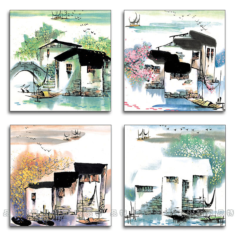 吴冠中江南水乡春夏秋冬四季风景水墨画新中式客厅玄关无框装饰画