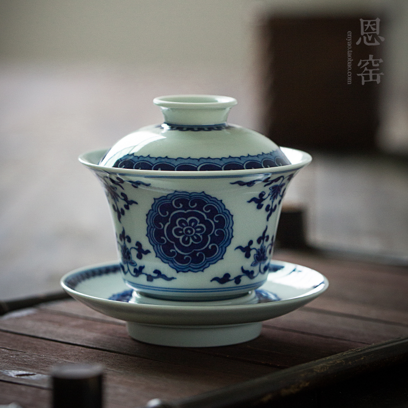 恩窑复古盖碗手绘泡茶盖杯 贵和祥画工 景德镇 手工瓷茶具 两款式