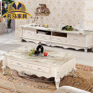 欧式电视柜茶几组合大理石实木雕花描金白色烤漆客厅地柜整装家具