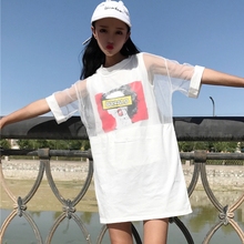 T恤裙两件套女 中长款 无袖 网纱拼接短袖 印花背心 韩国ulzzang夏装