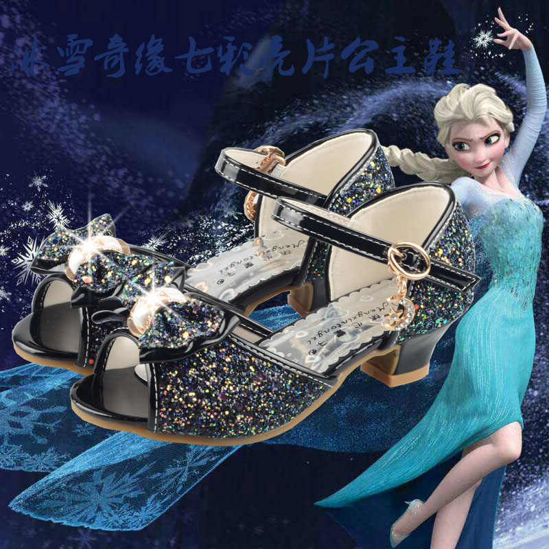 2017新款儿童高跟鞋夏季女童凉鞋冰雪奇缘艾莎公主鞋七彩亮片童鞋