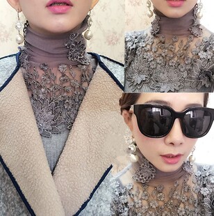 韩版2017秋冬女装高领蕾丝针织上衣套头短款修身长袖打底衫毛衣