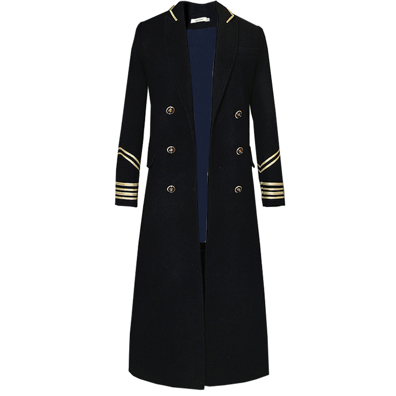 2017冬装新款女装加厚修身呢子大衣复古中长款海军风毛呢外套