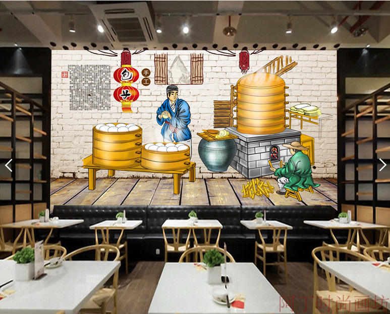 新款无缝墙纸包子店小吃店壁画形象墙早餐店装饰画背景墙壁纸