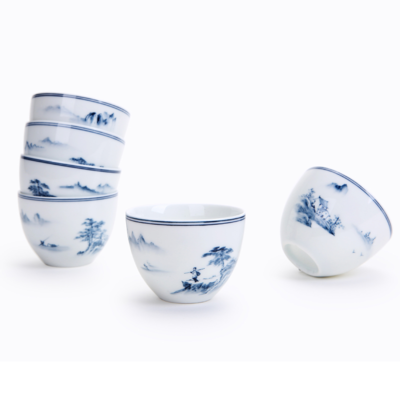 景德镇手绘陶瓷茶杯手绘青花品茗杯功夫茶具杯白瓷普洱杯六个一套