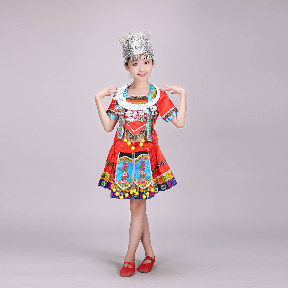 新款儿童苗族演出服装女孩侗族彝族贵州小孩苗装短袖舞蹈表演服装