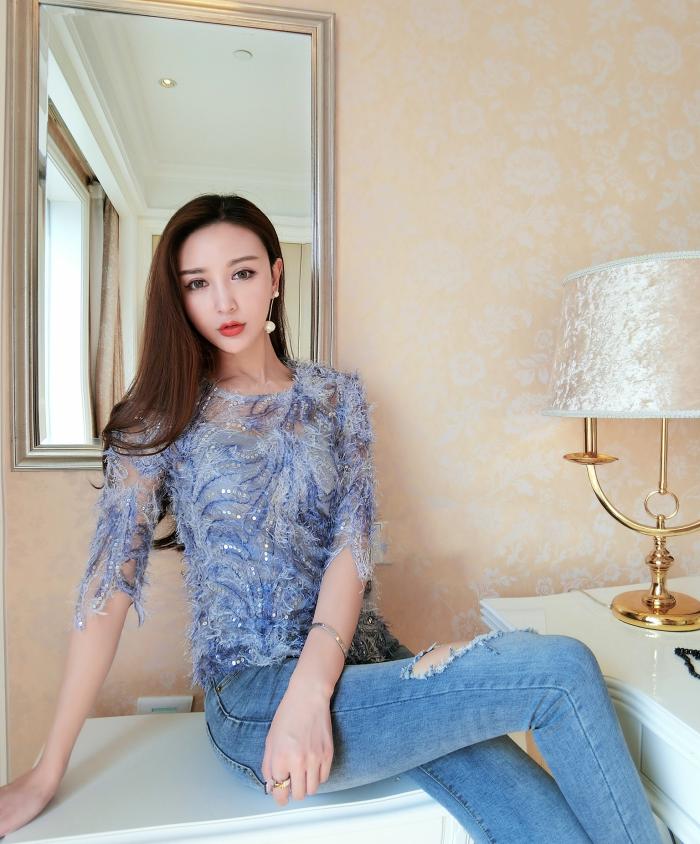 刘美人刘钰懿同款灰蓝色香槟金绣线珠片上衣亮片针织不规则毛线衫