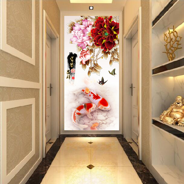 钻石画竖版满钻十字绣玄关画客厅走廊装饰画定制花开富贵牡丹双鱼