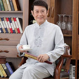 中国风亚麻唐装男士长袖套装爷爷中老年人秋季棉麻爸爸装汉服外套