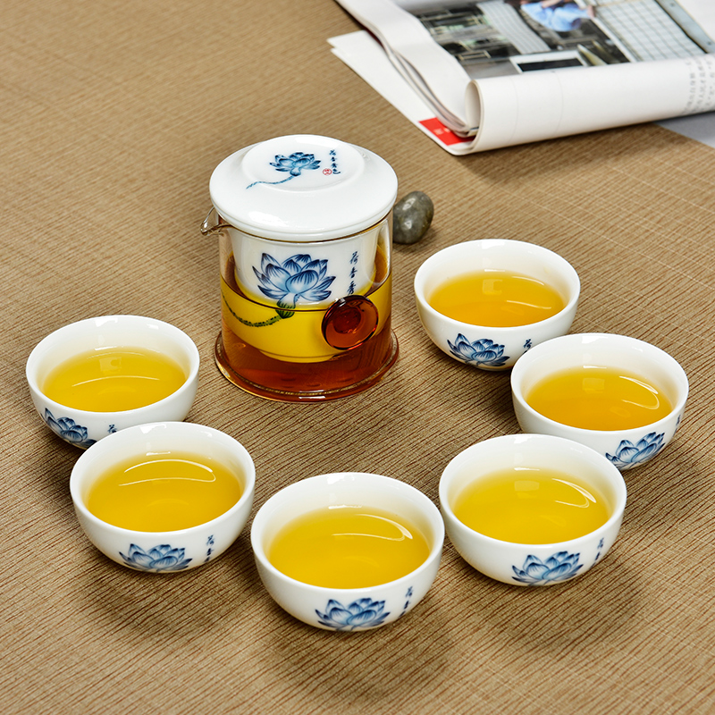 功夫茶具景德镇青花陶瓷红茶花草茶普洱整套装玻璃快客杯冲泡茶器