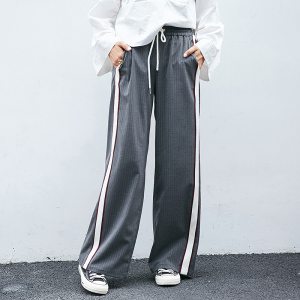 侧边条纹阔腿裤女