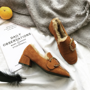 冬季新款保暖加绒粗跟豆豆鞋